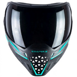 id-paintball Empire EVS Paintball Maske in Schwarz mit türkisen Akzenten und dunklem Thermalglas in der Frontansicht