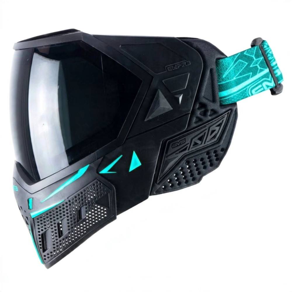 id-paintball Empire EVS Paintball Maske in Schwarz mit türkisen Akzenten, Thermalglas und gemustertem Maskenband