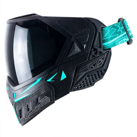 id-paintball Empire EVS Paintball Maske in Schwarz mit türkisen Akzenten, Thermalglas und gemustertem Maskenband
