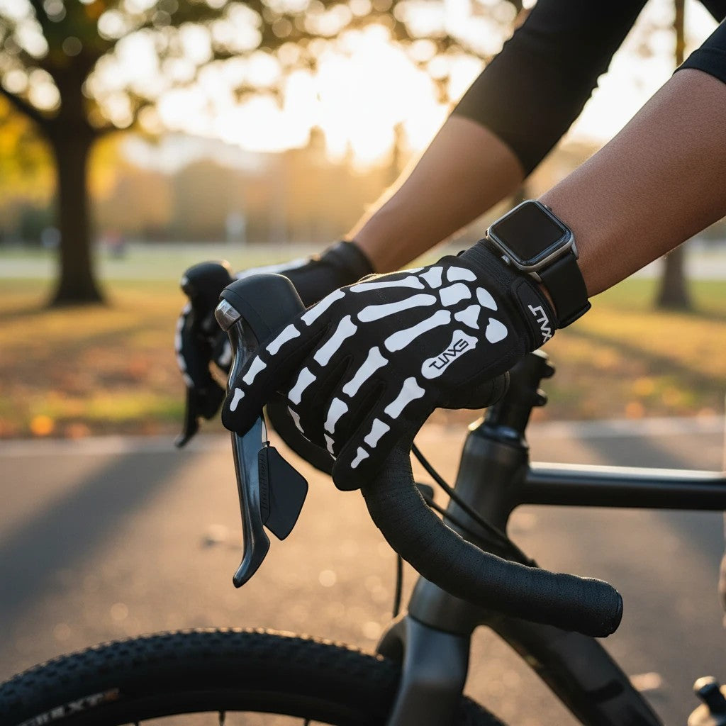 id-paintball Exalt Death Grip Vollfinger-Handschuhe in Weiss mit Skelett-Design beim Greifen eines Fahrradlenkers