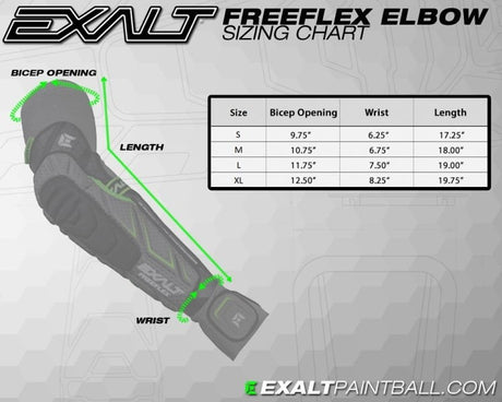 id-paintball Exalt FreeFlex Ellenbogenschoner Größentabelle mit Maßen für Bizeps, Handgelenk und Länge
