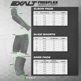 id-paintball Exalt FreeFlex Größentabelle für Paintball Slide Shorts, Ellbogen- und Knieschoner mit Maßen