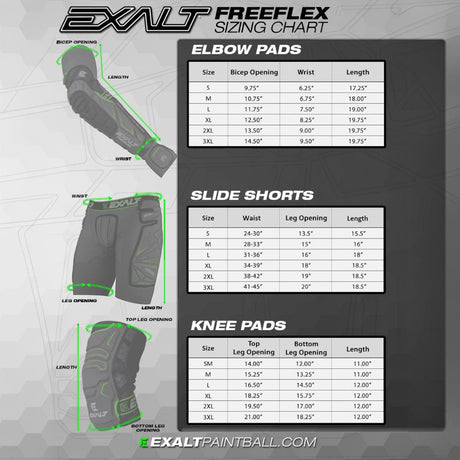 id-paintball Exalt FreeFlex Größentabelle für Ellbogenschoner, Slide Shorts und Knieschoner mit Maßangaben