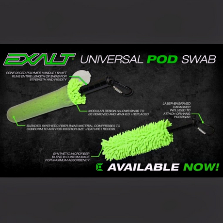 id-paintball Exalt Pod Swab mit neongrünem Mikrofaser-Reinigungskopf, schwarzem Griff und praktischem Karabiner