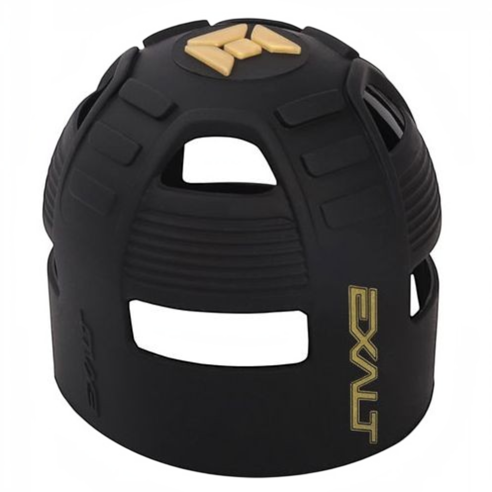 id-paintball Exalt Tank Grip aus schwarzem Gummi mit goldenen Details für Paintball-Flaschen