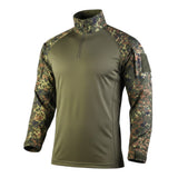 id-paintball Feldhemd Combat Shirt in Flecktarn mit olivgrünem Rumpf, Stehkragen und Klettflächen an den Ärmeln.