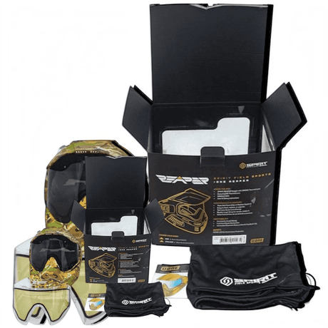 id-paintball ONE Field Reaper Spirit Thermal Maske in Camo mit Wechselgläsern, Goggle-Bag und Produktverpackung