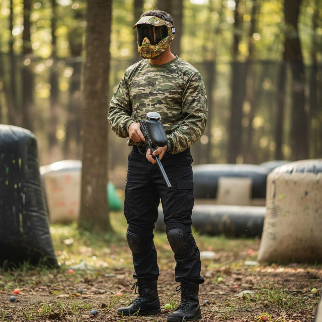 id-paintball Field Reaper Spirit Thermal Maske in Camo auf einem Paintballspieler im Wald