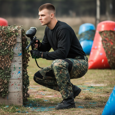 id-paintball Paintball Hose Flecktarn 3.0 mit Kniepolsterung an einem Spieler auf dem Paintballfeld