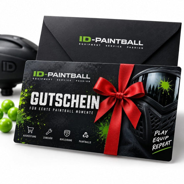 id-paintball Geschenkgutschein mit roter Schleife, Paintball-Maske und Farbkugeln auf schwarzem Hintergrund