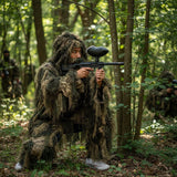 id-paintball Ghillie Suit Tarnanzug im Woodland-Design mit Gewehrabdeckung und Netz-Sichtfenster im Wald