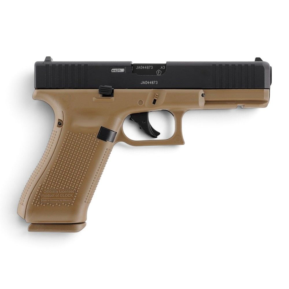 id-paintball T4E GLOCK 17 Gen5 Coyote Edition Paintball-Pistole mit schwarzem Aluminiumschlitten und beigem Griffstück
