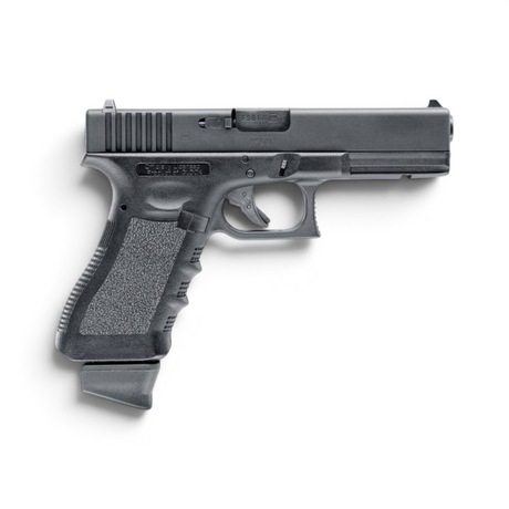 id-paintball GLOCK 17 Deluxe Airsoft Pistole mit CNC-gefrästem Aluminiumschlitten in Schwarz auf weißem Hintergrund