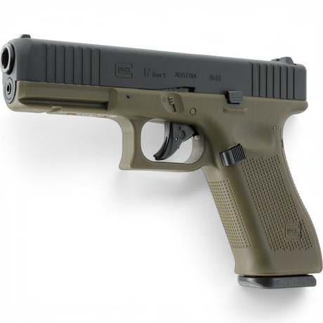 id-paintball GLOCK 17 Gen5 Airsoft-Pistole in Battlefield Green mit schwarzem Metallschlitten und Blowback-Funktion