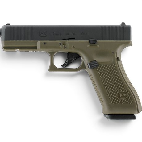id-paintball GLOCK 17 Gen5 Airsoft-Pistole in Battlefield Green mit schwarzem Metallschlitten und Blowback-Funktion