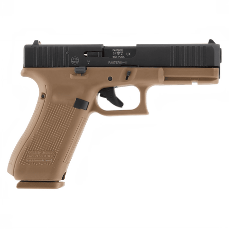 id-paintball GLOCK 17 Gen5 9mm P.A.K. Schreckschusswaffe mit schwarzem Schlitten und coyote-farbenem Polymergriffstück