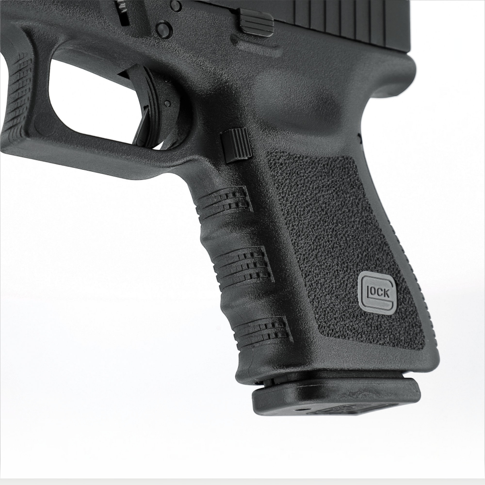 id-paintball GLOCK 19 Airsoft-Pistole mit schwarzem Polymer-Griffstück und strukturiertem Grip für sicheren Halt
