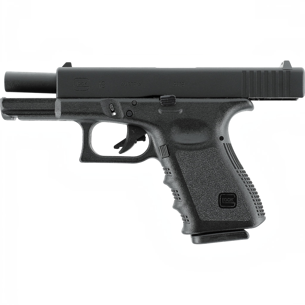 id-paintball GLOCK 19 Airsoft-Pistole in Schwarz mit Metallschlitten und Blowback-Funktion in Seitenansicht