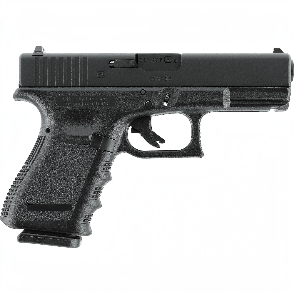 id-paintball GLOCK 19 Airsoft-Pistole in Schwarz mit Metallschlitten, Blowback-Funktion und 6 mm Kaliber.