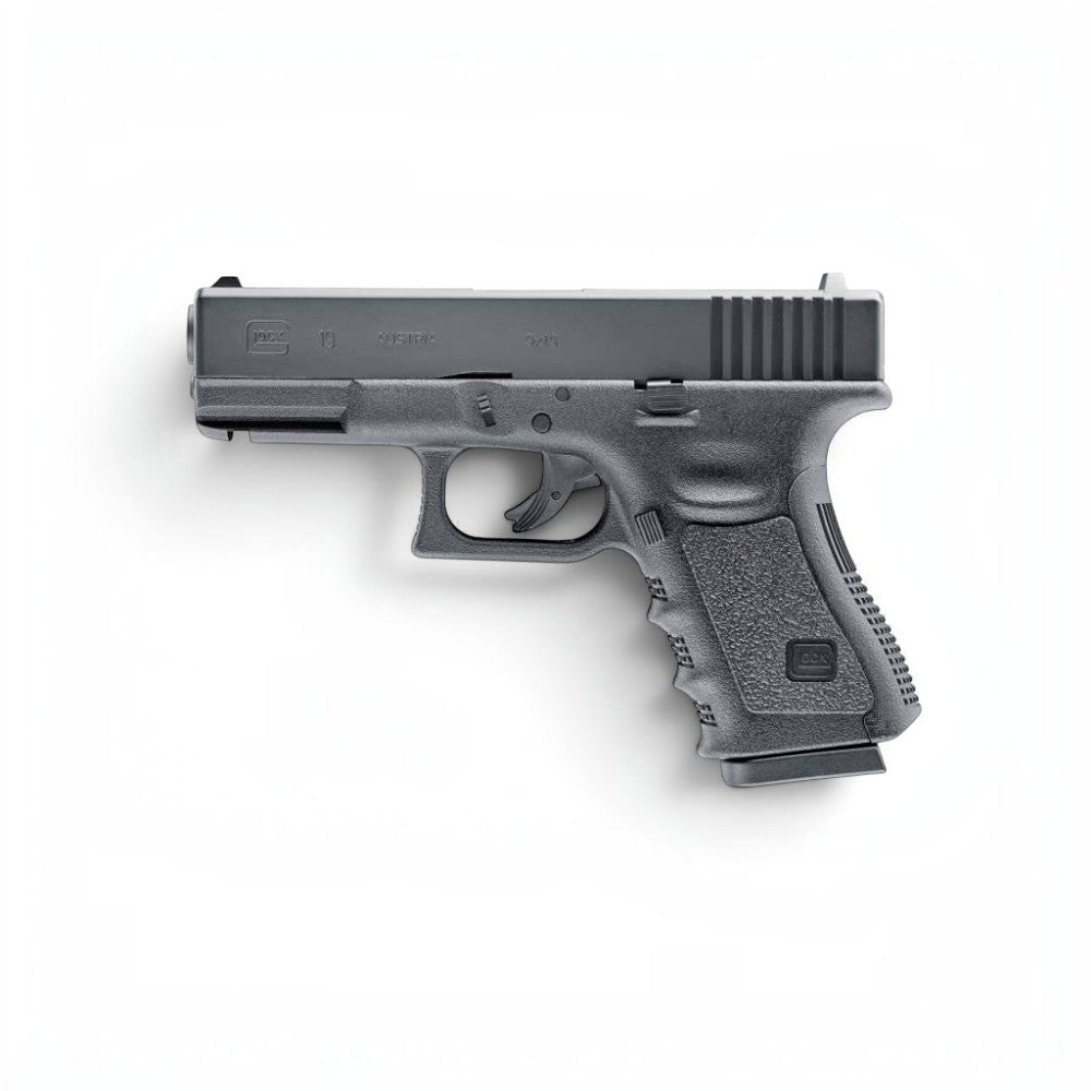 id-paintball GLOCK 19 CO2 Airsoftpistole mit schwarzem Metallschlitten und kompaktem Design in der Seitenansicht