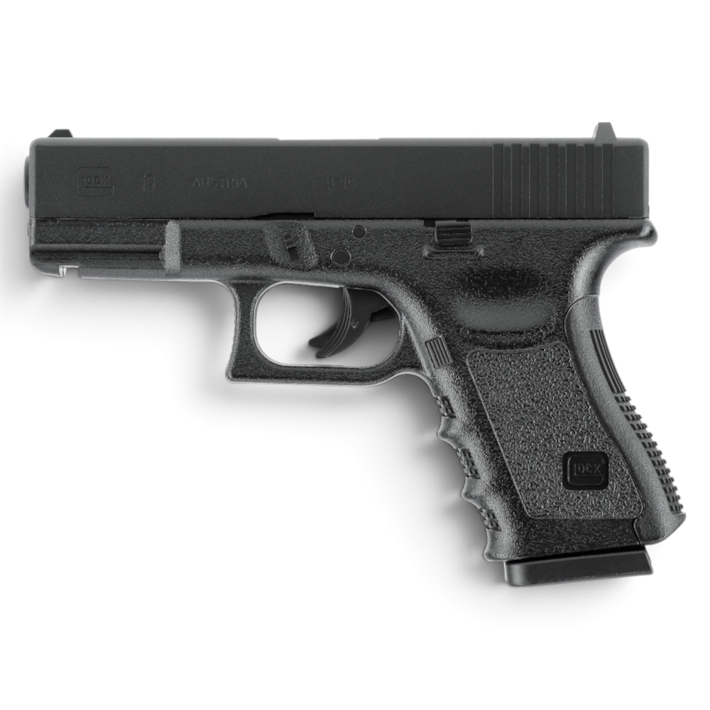 id-paintball Glock 19 CO2 Pistole mit Metallschlitten und originalen Markings in schwarzer Ausführung