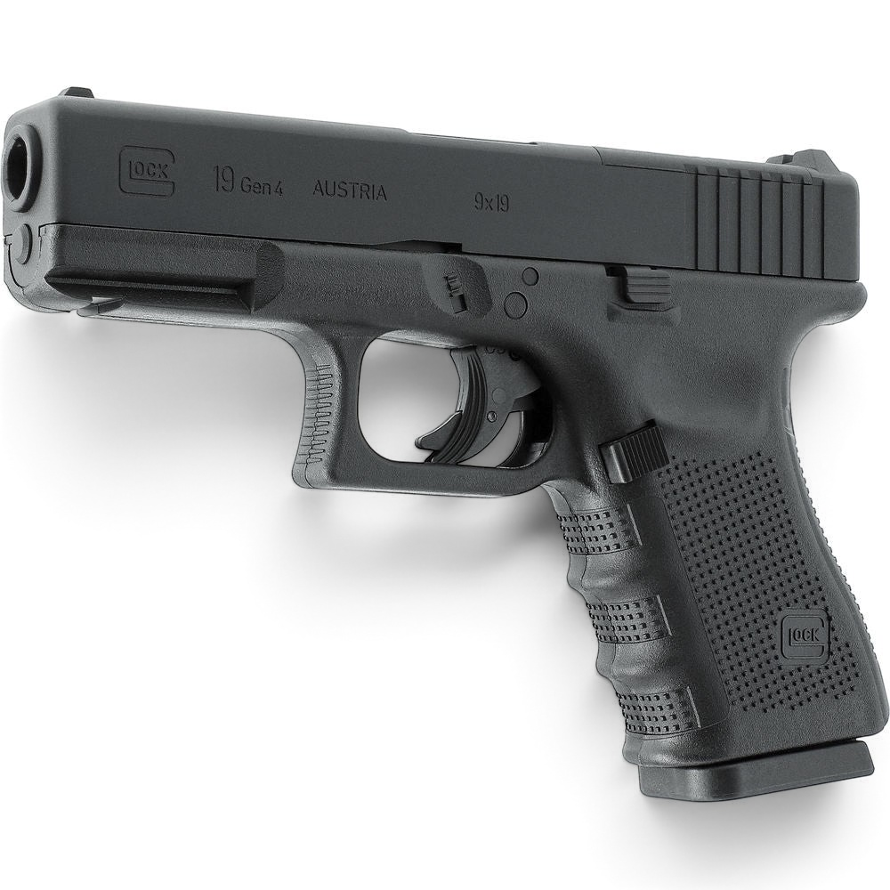 id-paintball GLOCK 19 Gen4 MOS CO2 Luftpistole in Schwarz mit Metallschlitten und strukturierter Griffschale