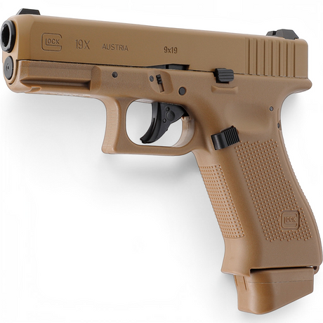 id-paintball GLOCK 19X Airsoft-Pistole in Coyote-Farbton mit Metallschlitten und CO2-Blowback-Funktion