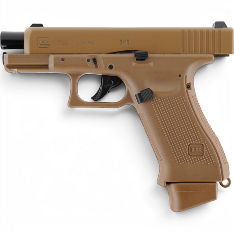 id-paintball GLOCK 19X Airsoft-Pistole in Coyote-Farbton mit Metallschlitten und realistischem Blowback-Mechanismus