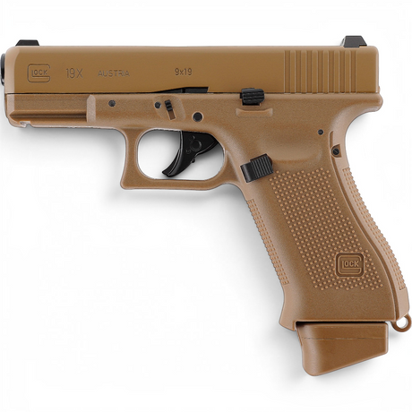 id-paintball GLOCK 19X Airsoft-Pistole in Coyote-Farbton mit Metallschlitten und CO2-Blowback-Funktion