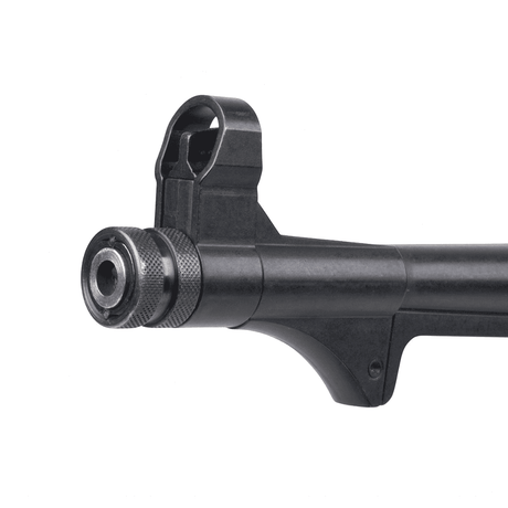 Detailansicht des schwarzen Metall-Laufs der id-paintball GSG MP40 Schreckschusswaffe mit Kornschutz