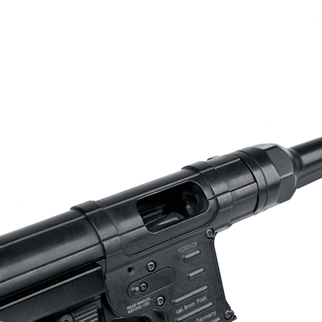 id-paintball GSG MP40 Schreckschusswaffe in Schwarz mit Detailansicht des Verschlussgehäuses und Kaliberprägung