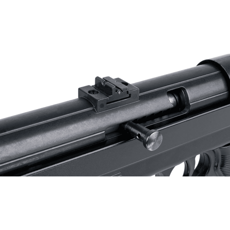 id-paintball GSG MP40 Schreckschusswaffe in Schwarz mit Detailansicht des Verschlusses und der Visierung