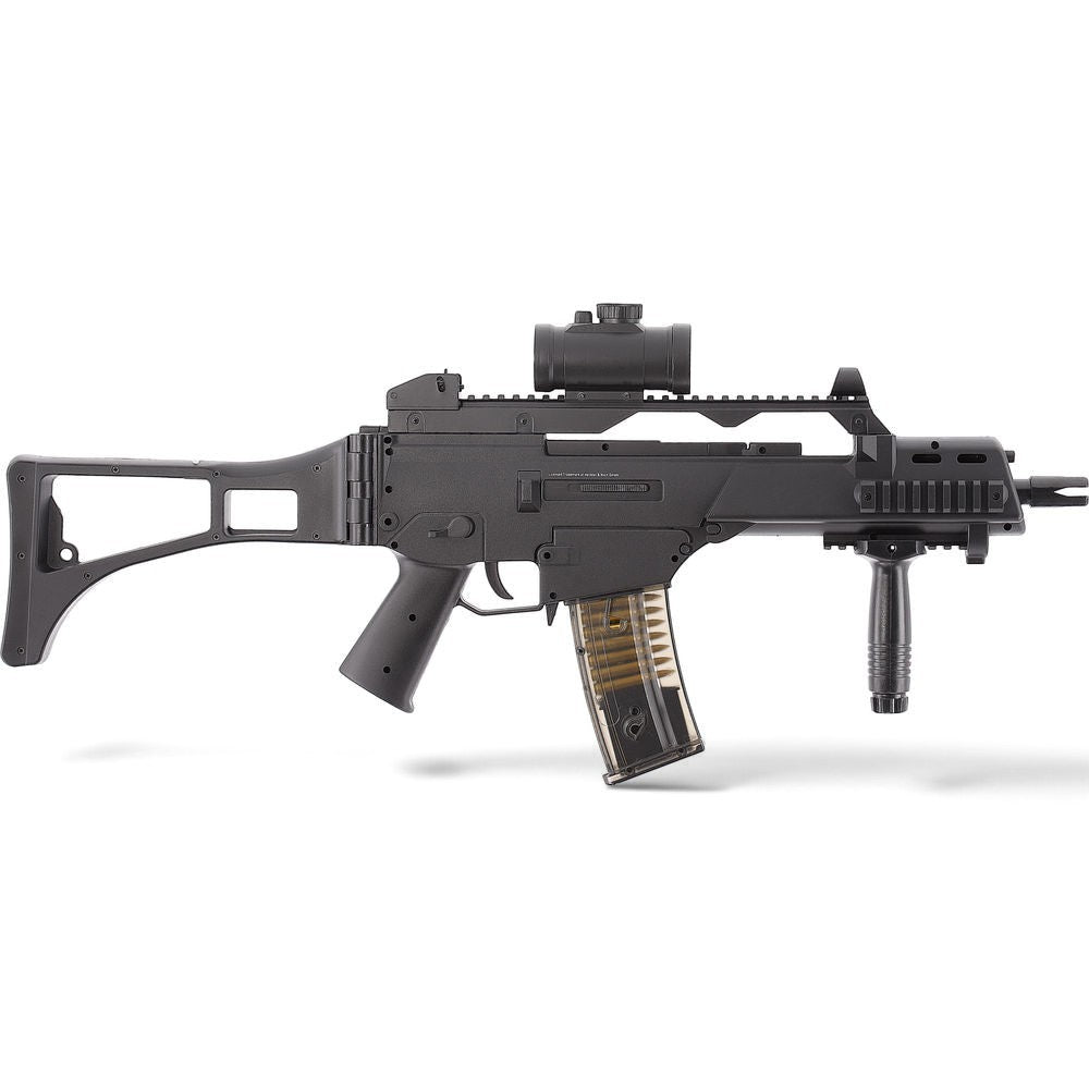 id-paintball Heckler & Koch G36C Airsoft AEG in Schwarz mit Leuchtpunktvisier, Schalldämpferattrappe und Magazin