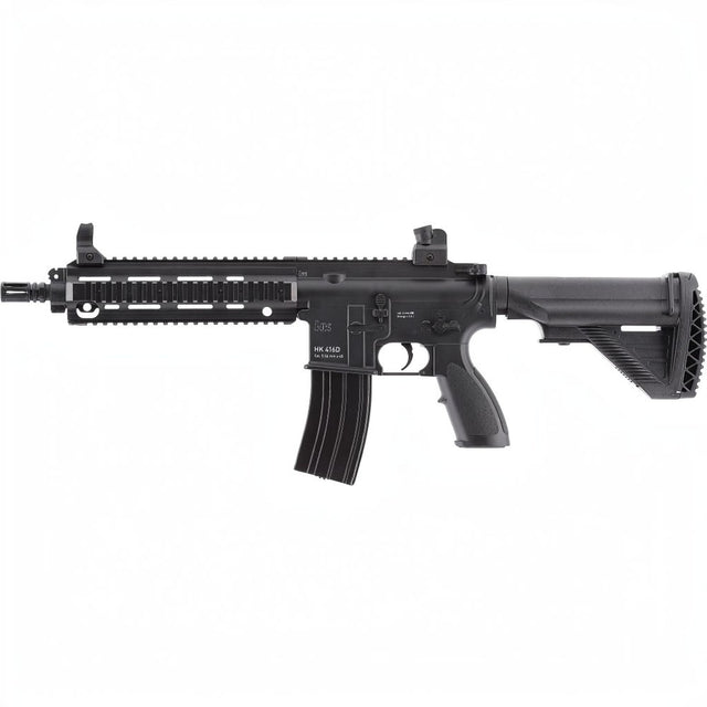 id-paintball Heckler & Koch HK416 D Airsoft AEG in Schwarz mit Aluminiumlauf, Picatinny-Schiene und verstellbarem Schaft.