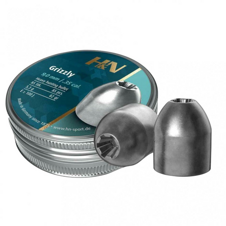 id-paintball H&N Grizzly 9mm Diabolos aus Blei mit Hohlspitzdesign vor der silbernen Metalldose