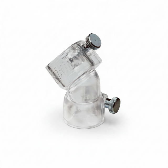 id-paintball 45 Grad Hopper Elbow Feed Adapter aus transparentem Kunststoff mit Rändelschrauben zur Befestigung
