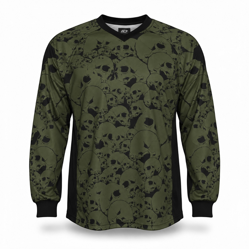 id-paintball Jersey The Skulls Oliv in olivgrün mit Totenkopf-Muster, gepolstertes Paintball-Trikot mit langen Ärmeln