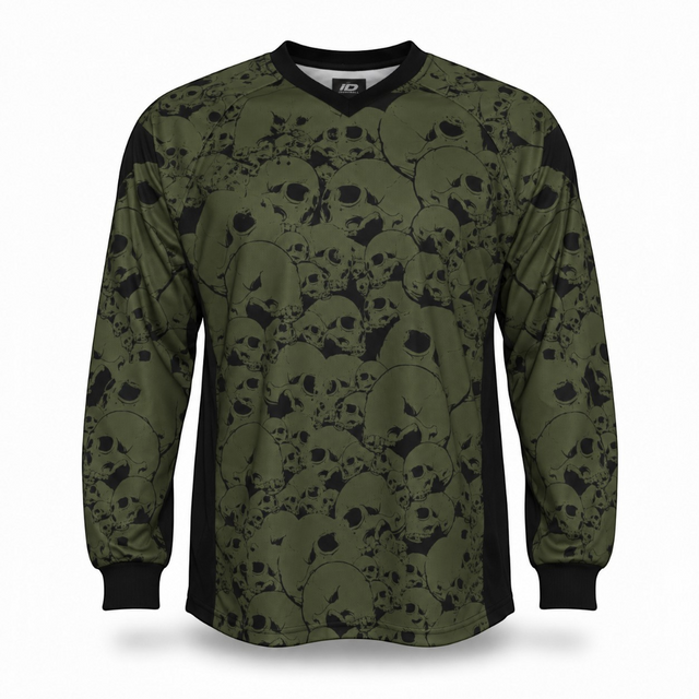 id-paintball Jersey The Skulls Oliv in olivgrün mit Totenkopf-Muster, gepolstertes Paintball-Trikot mit langen Ärmeln