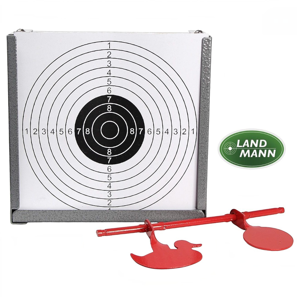id-paintball Landmann Kugelfang 14x14 cm aus Metall mit zwei roten Pendelzielen für das Schießtraining im Freien