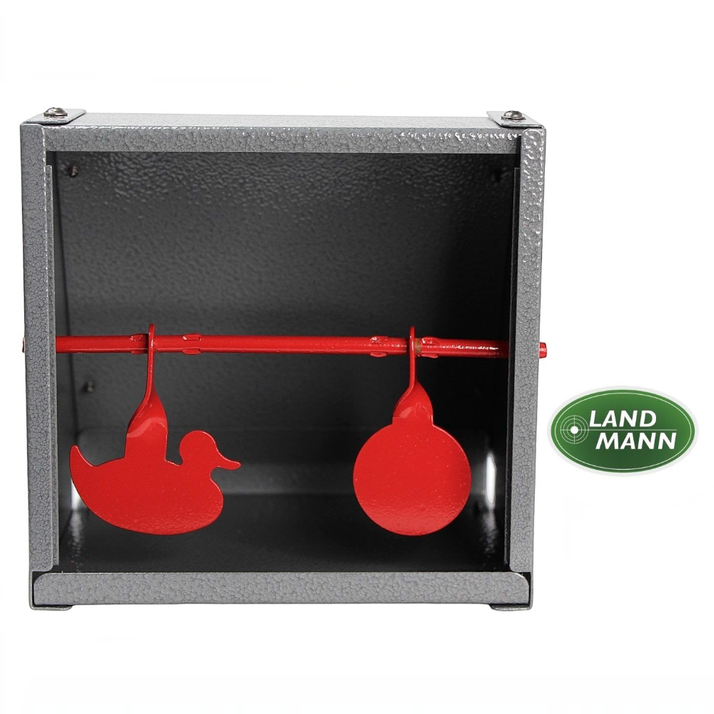 id-paintball Landmann Kugelfang 14x14 aus Metall mit zwei roten Pendelzielen in Enten- und Kreisform