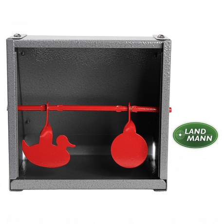 id-paintball Landmann Kugelfang 14x14 aus Metall mit zwei roten Pendelzielen in Enten- und Kreisform