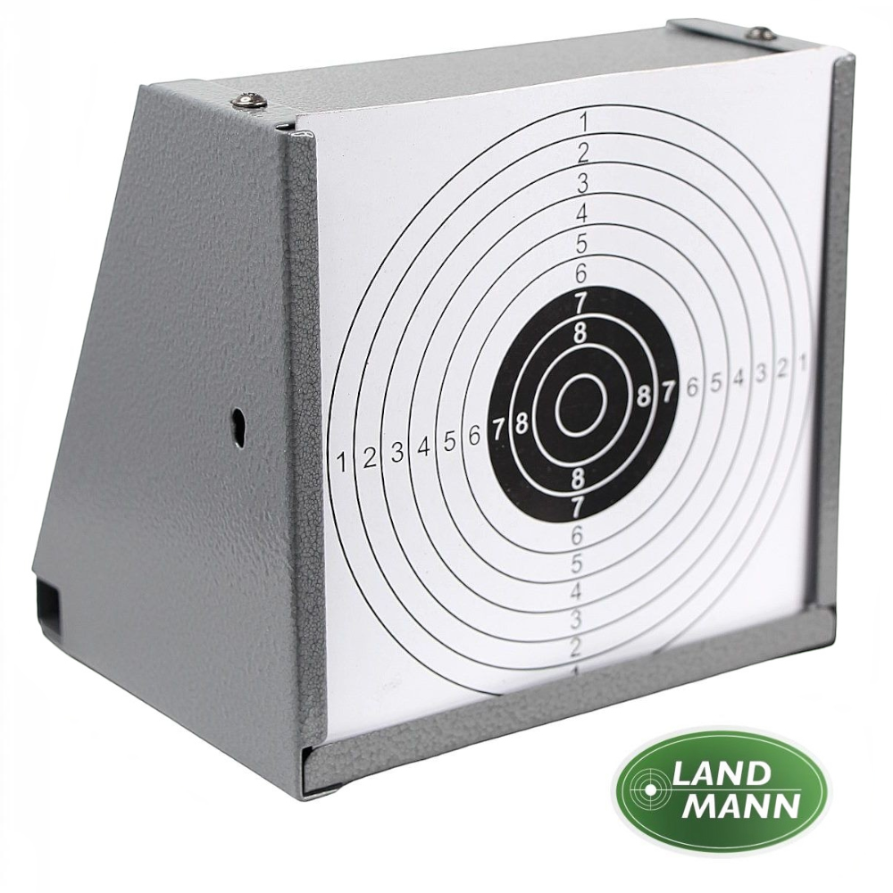 id-paintball Landmann Kugelfang 14x14 aus Metall in Grau mit eingesetzter Papierzielscheibe für das Schießtraining