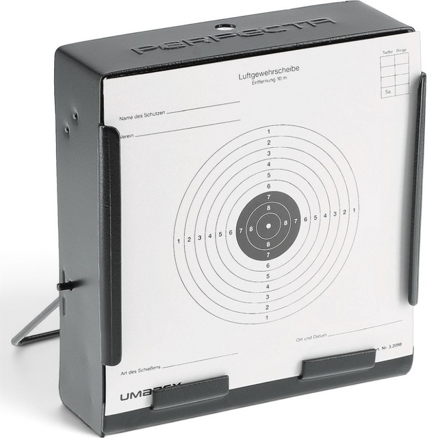 id-paintball Perfecta Kugelfangkasten aus schwarzem Stahlblech für 14x14 cm Zielscheiben mit ausklappbarem Aufsteller