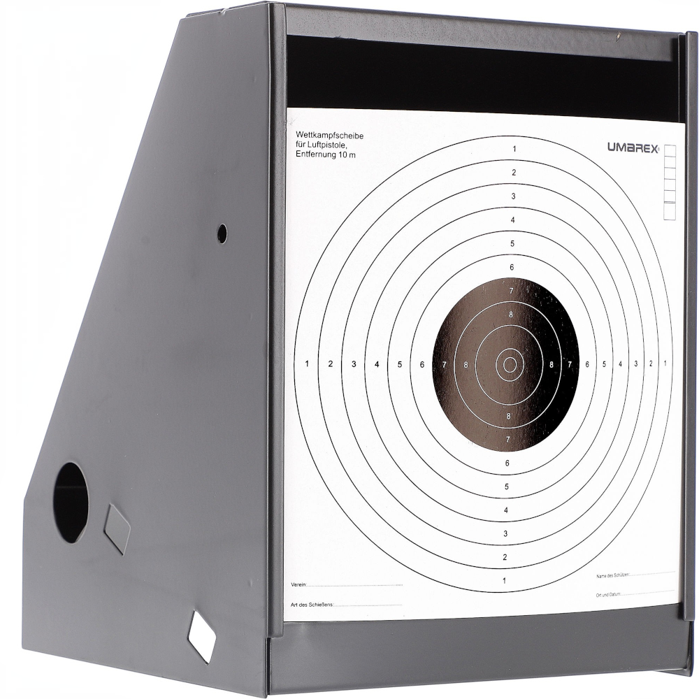 id-paintball Perfecta Kugelfangkasten 17x17 cm aus robustem Metall mit eingesetzter 10m Luftpistolen-Zielscheibe