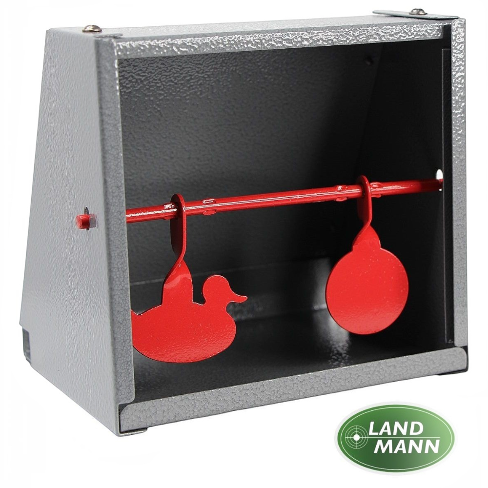 id-paintball Landmann Kugelfang 14x14 aus Metall in Grau mit zwei roten Pendelzielen in Enten- und Kreisform