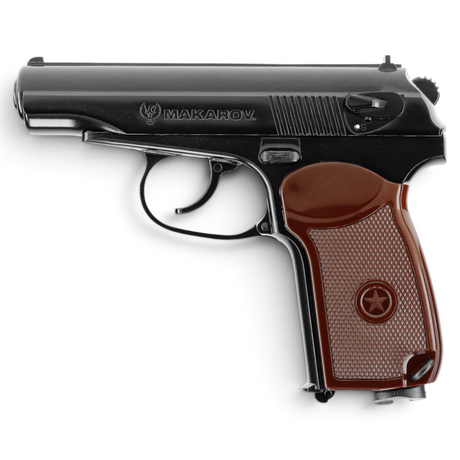 id-paintball Legends Makarov CO2-Pistole in Schwarz mit braunem Griffstück und beweglichem Metallschlitten