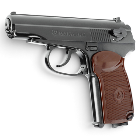 id-paintball Legends Makarov CO2-Pistole aus Vollmetall mit braunen Griffschalen und beweglichem Schlitten