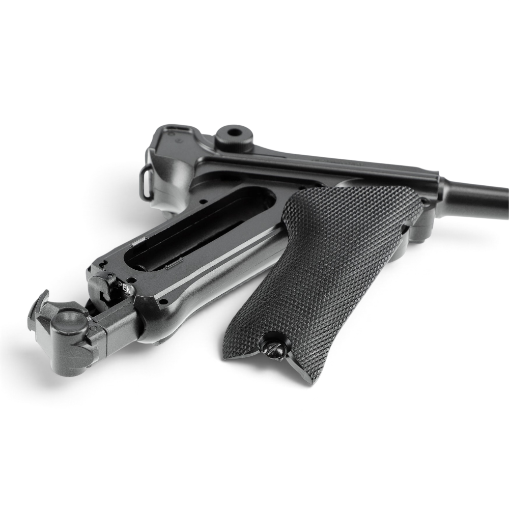 id-paintball Legends P08 CO2-Pistole aus schwarzem Metall mit strukturierter Griffschale in Nahaufnahme