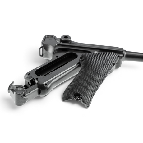 id-paintball Legends P08 CO2-Pistole aus schwarzem Metall mit strukturierter Griffschale in Nahaufnahme