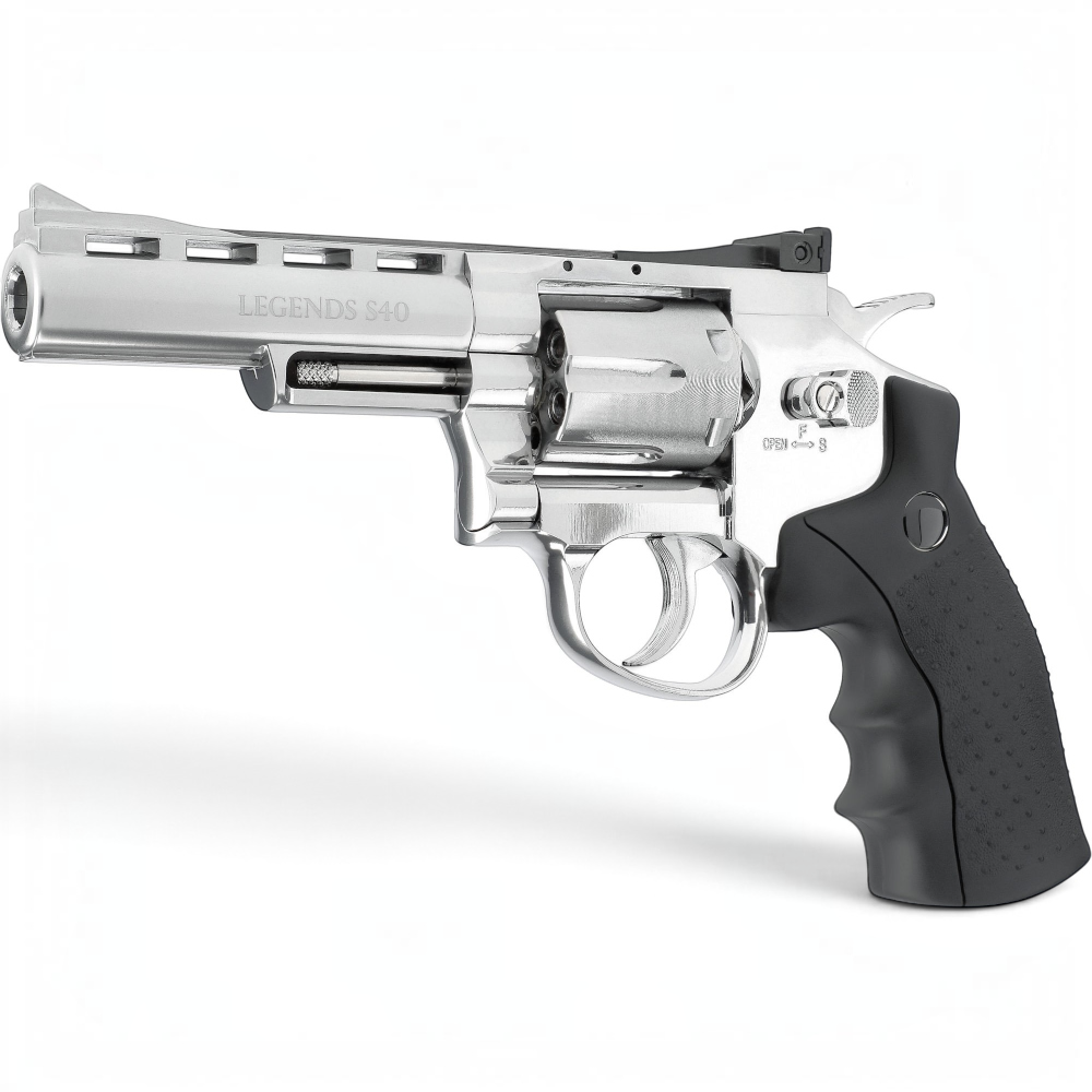 id-paintball Legends S40 CO2-Revolver in Silber mit 4-Zoll-Lauf, Vollmetallgehäuse und schwarzem ergonomischem Griff